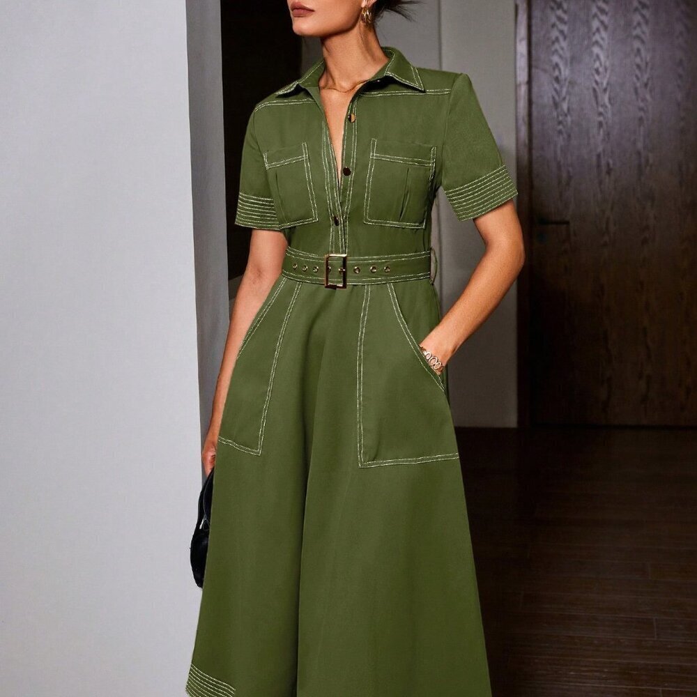 Green Casual Women's Denim Colorblock Dress